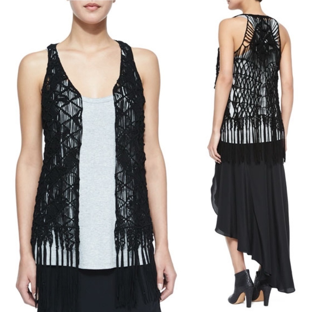 Haute Hippie Suede Vest Fringe Black Leather Macrame Open Knit